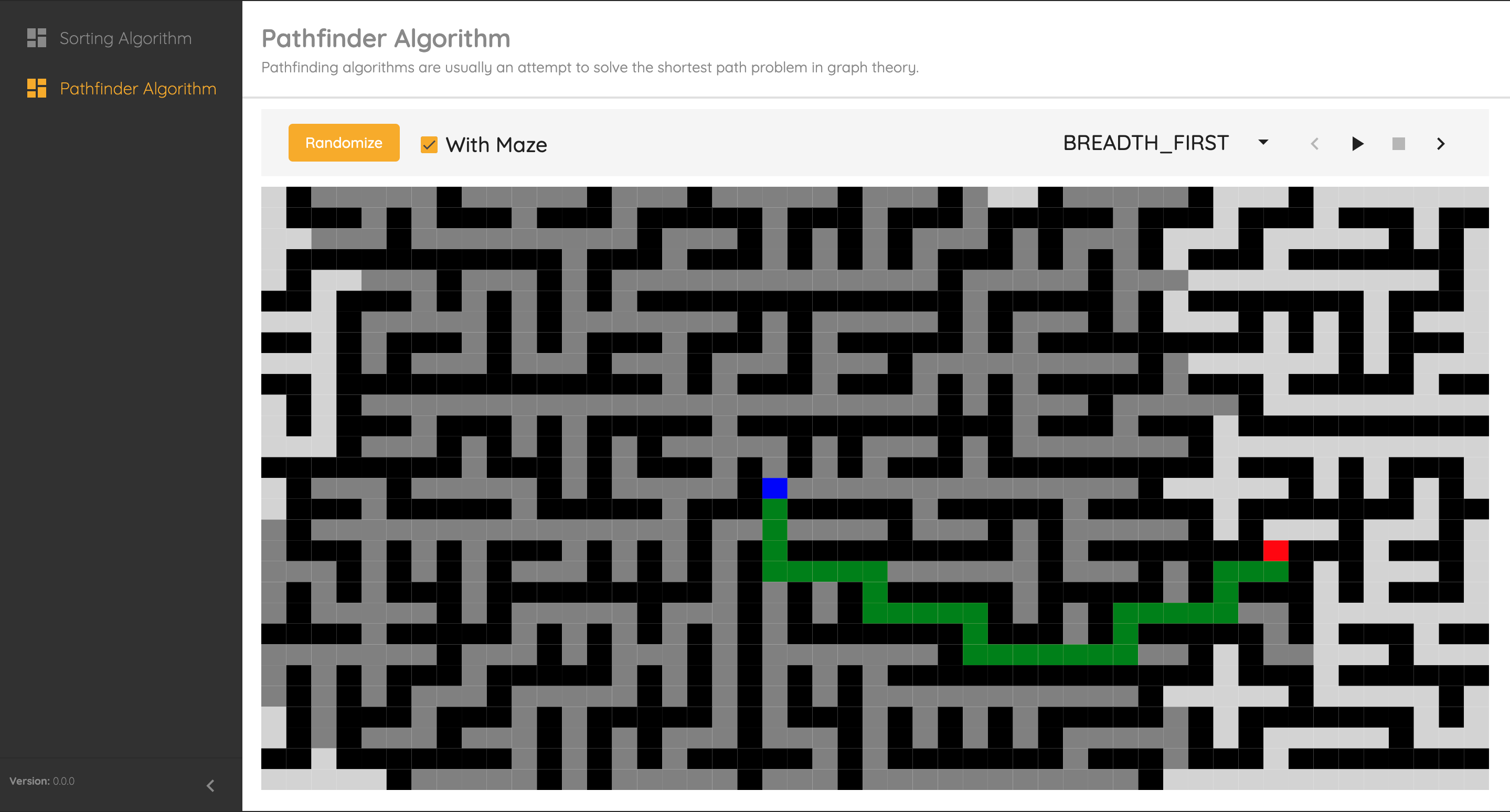 DSA Visualizer — Pathfinder algorithm solving a maze