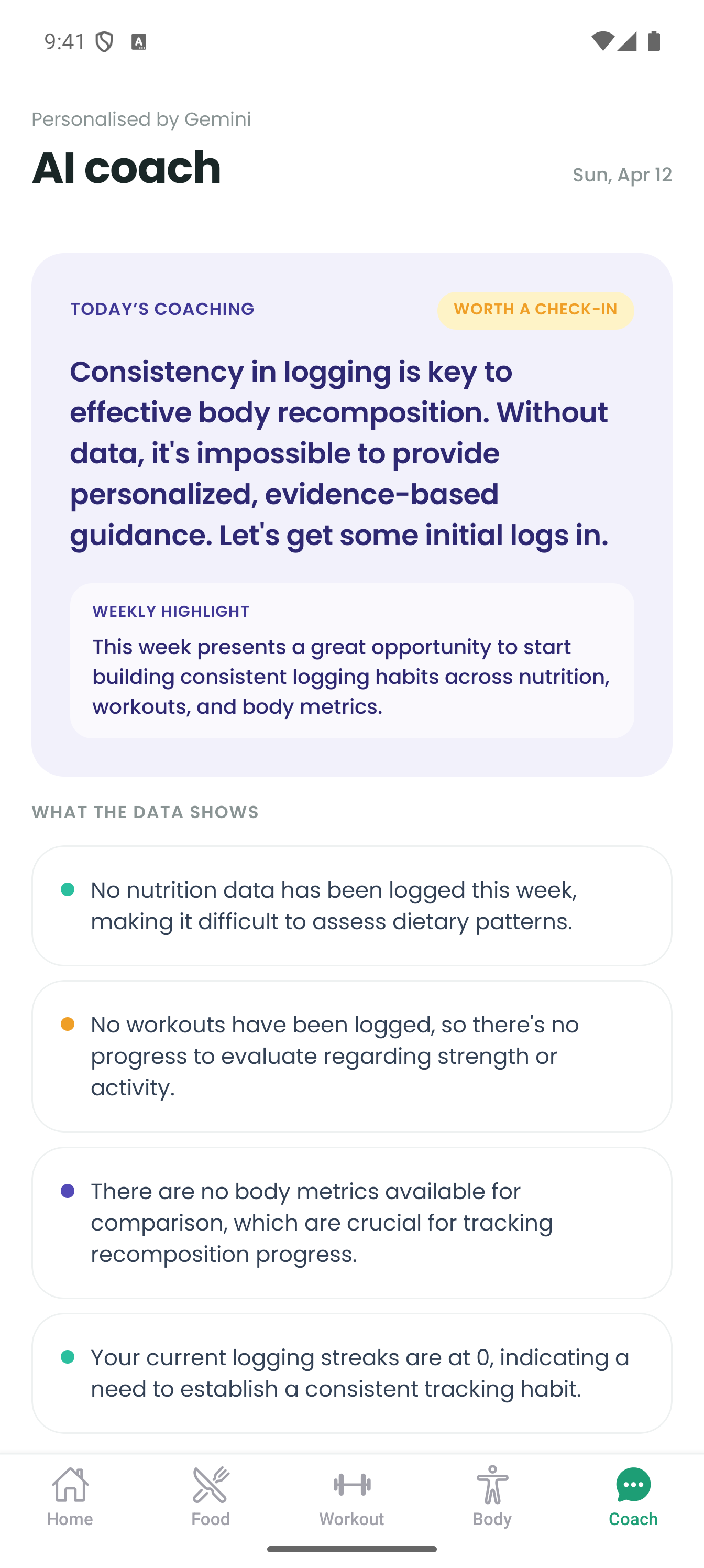 AI coach screen with Gemini-generated insight and weekly highlight