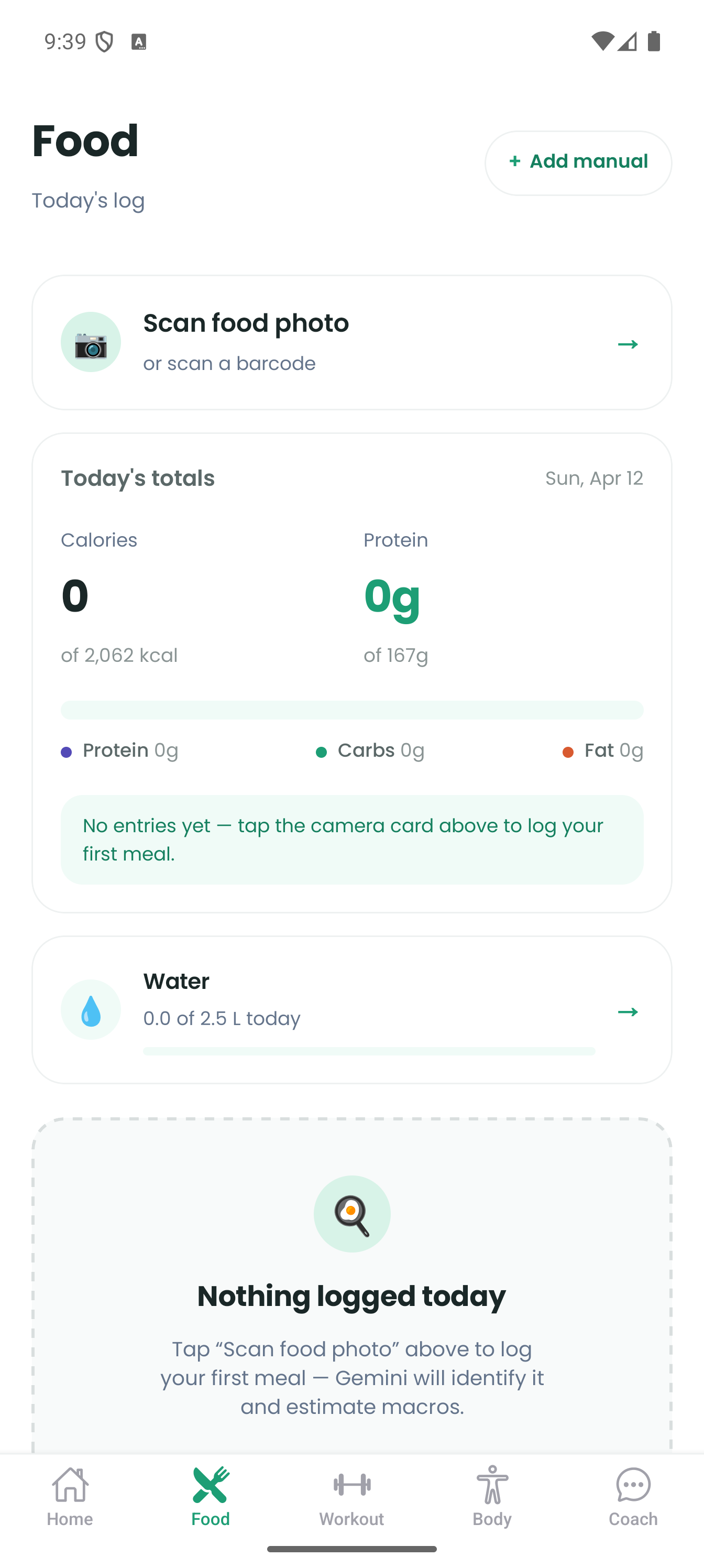 Food log screen showing scanner card, daily totals, and meal sections