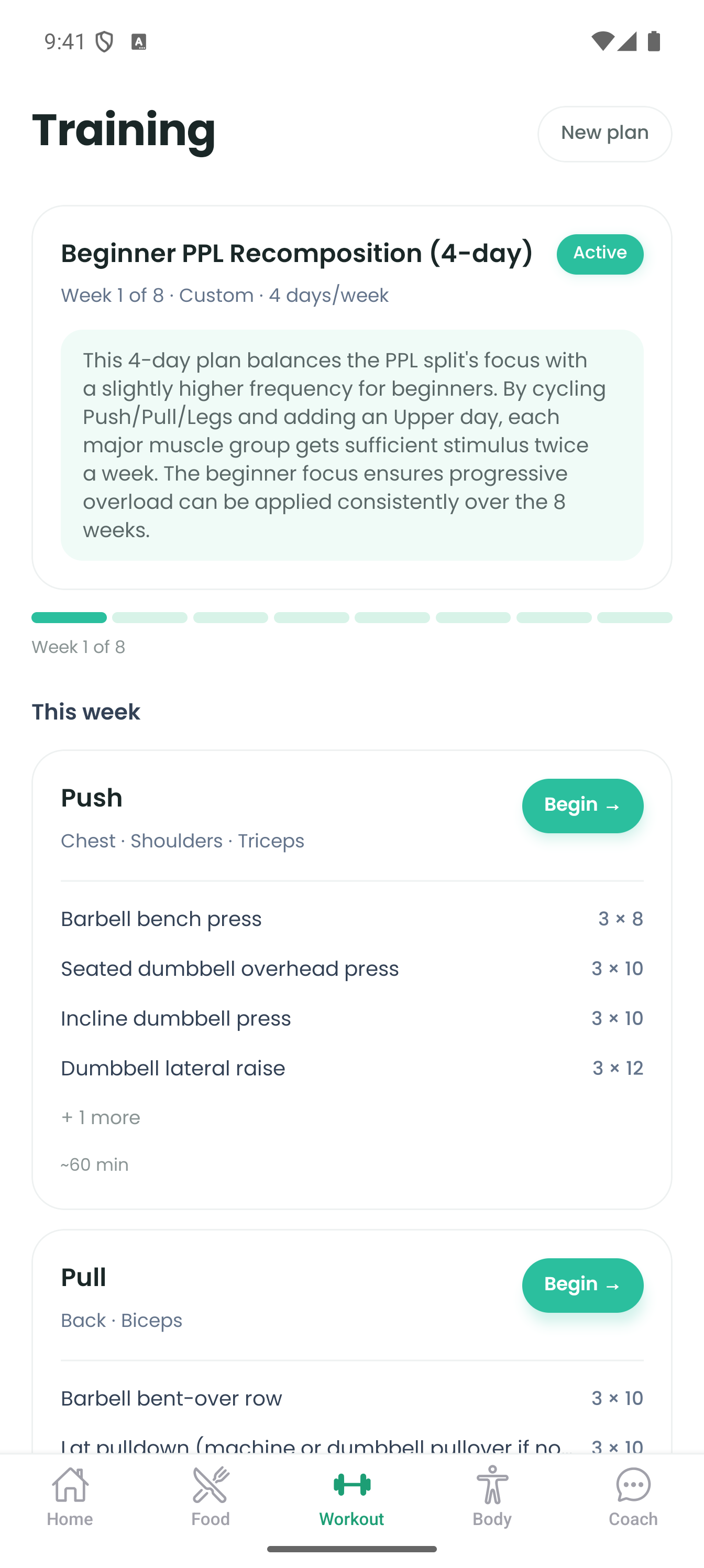 Generated PPL workout plan with day cards and exercise list